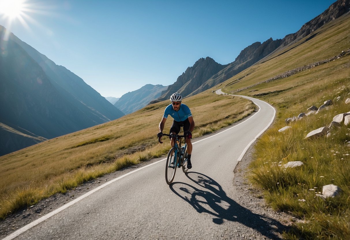 A cyclist ascends a winding mountain road, surrounded by towering peaks and thin air. The sky is a brilliant blue, and the sunlight casts long shadows across the rocky terrain