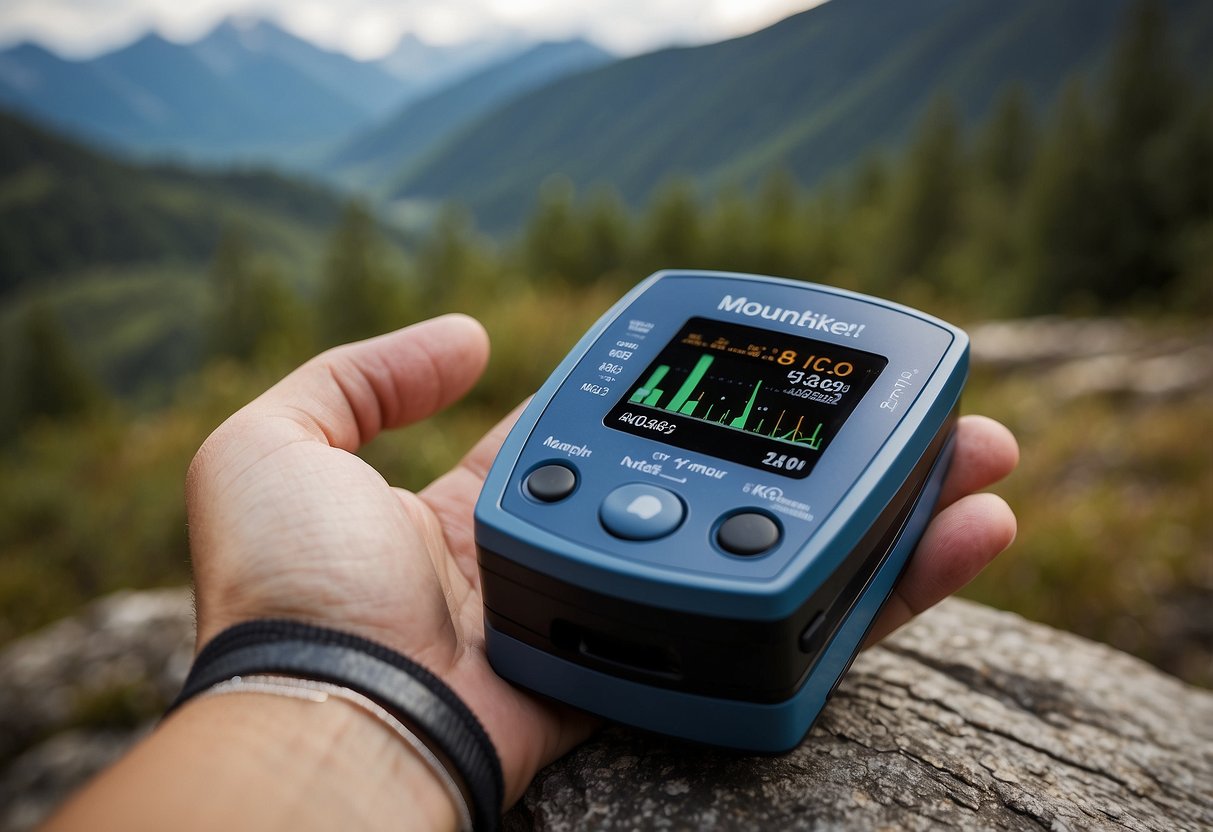 A person's hand holding a pulse oximeter with a mountainous landscape in the background. The oximeter reads a high oxygen level