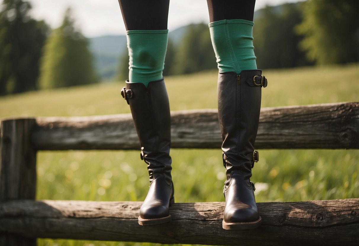 A woman's riding tights hang on a rustic wooden fence, surrounded by equestrian gear and a lush green pasture