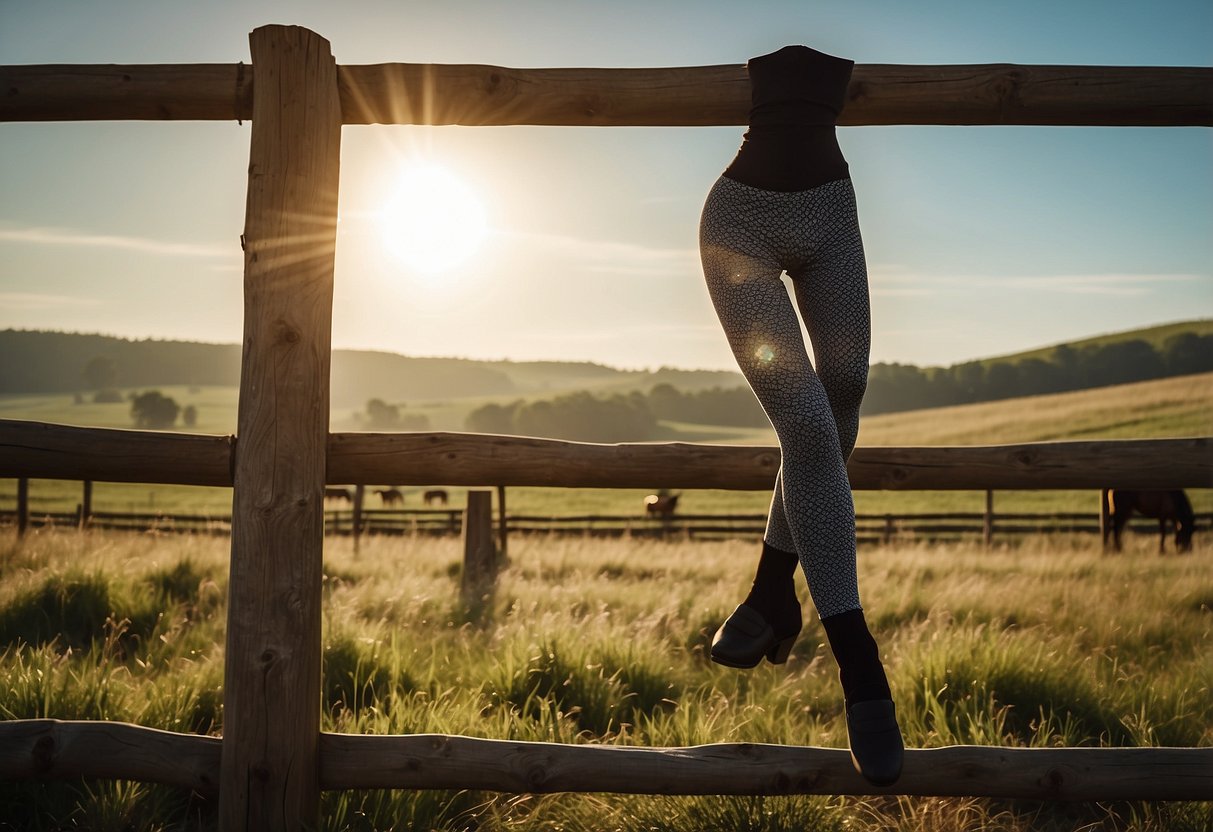 A woman's riding tights hang on a wooden fence, with a backdrop of a sunny, open field and a few horses grazing in the distance