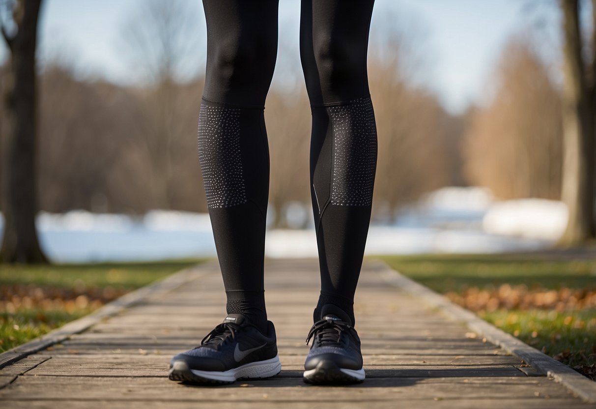 A pair of FITS ThermaMAX TechTread Winter Tights is laid out on a clean, well-lit surface, showcasing the durable fabric and intricate stitching details