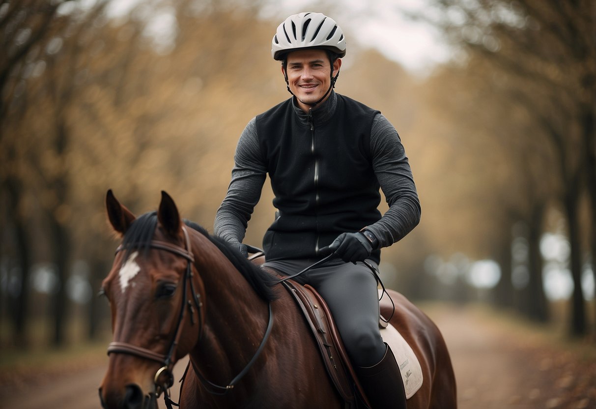 A rider wearing comfortable tights, sitting in a saddle, with fabric details visible