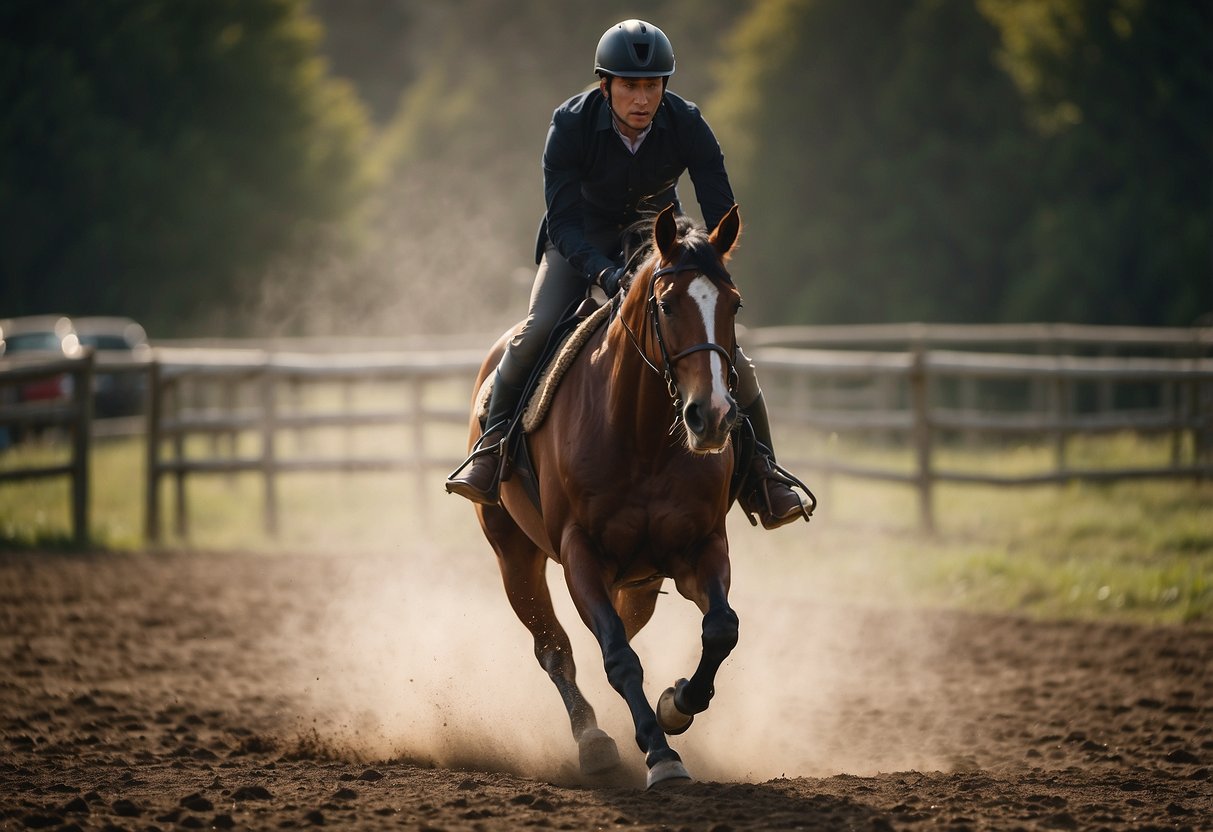 A rider confidently guides a horse through a variety of terrain, demonstrating balance, posture, and control. The horse moves fluidly, responding to subtle cues from the rider