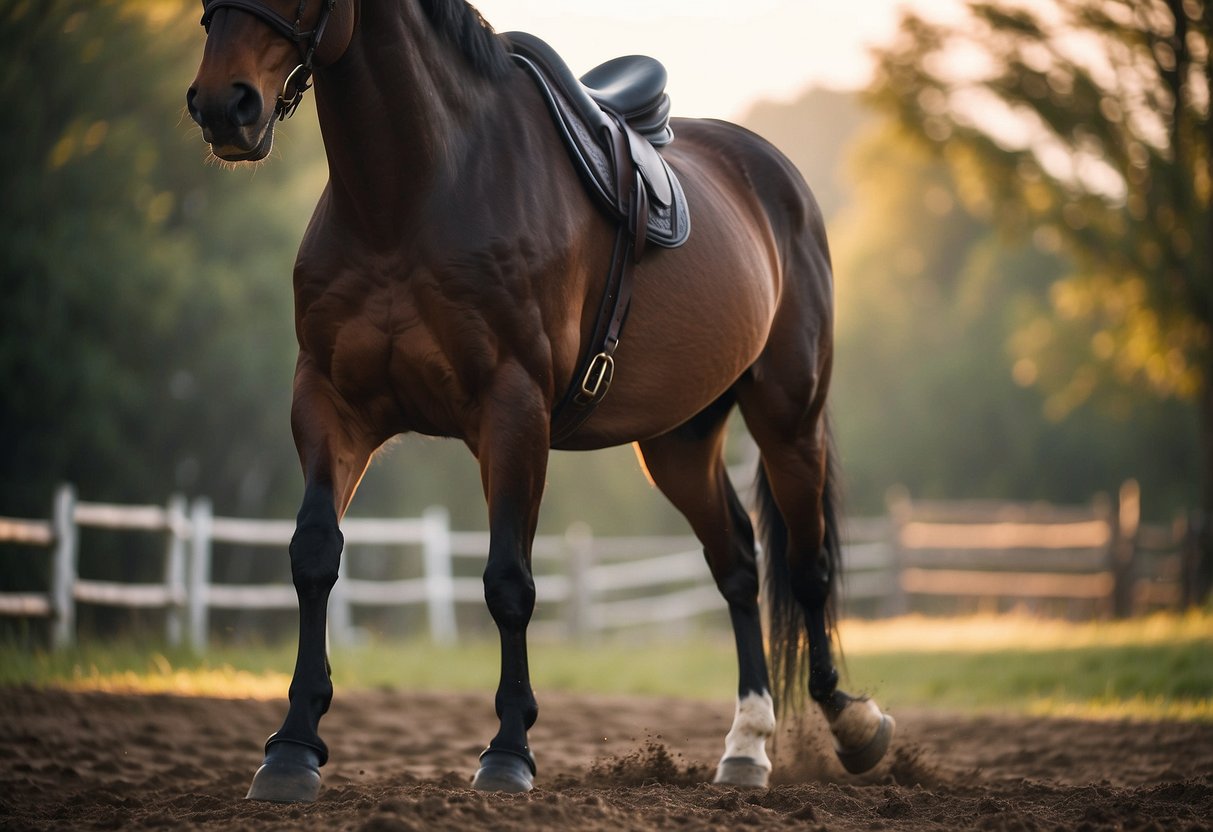 A horse stands tall, its hooves firmly planted on the ground as it balances on the saddle, showcasing the essential skills for safe horseback riding