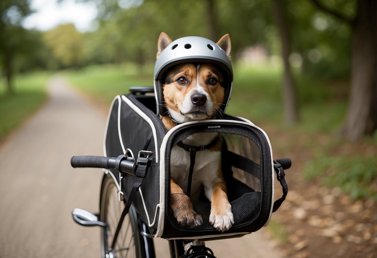 A dog sits in a secure pet carrier attached to a bicycle. The carrier has a built-in leash attachment and mesh windows for ventilation. The owner wears a helmet and carries a water bottle