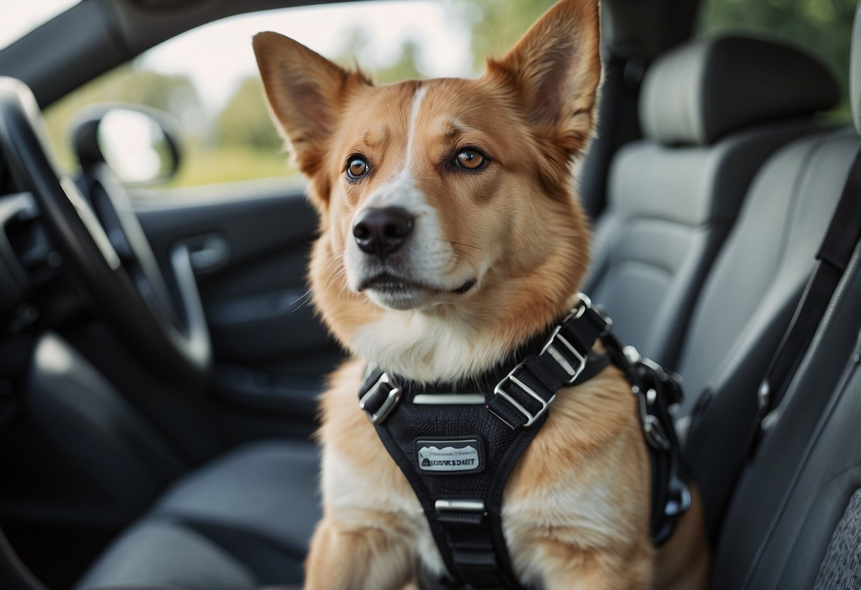 A dog wearing a secure harness sits calmly in a well-ventilated car, with a safety belt attached to the harness, and a comfortable bed or mat in the backseat