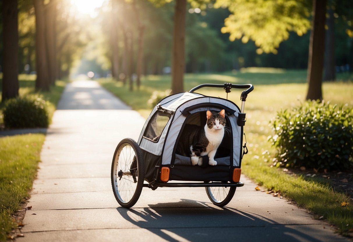 A dog and cat sit in a bike trailer with a water bowl. The sun shines as the bike rides through a park with trees and a paved path