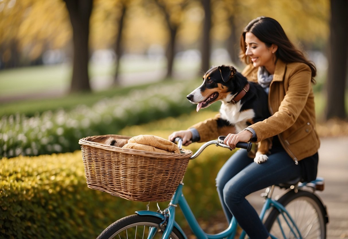 A person riding a bike with a dog in a basket, taking frequent breaks in a scenic park setting