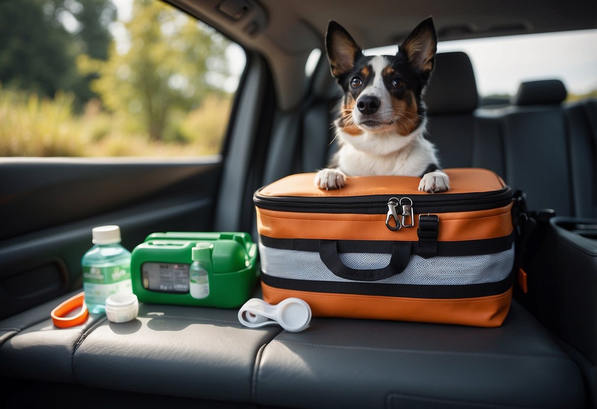 A first aid kit sits next to a pet carrier in a car, with a leash and water bowl nearby. The window is cracked open for ventilation