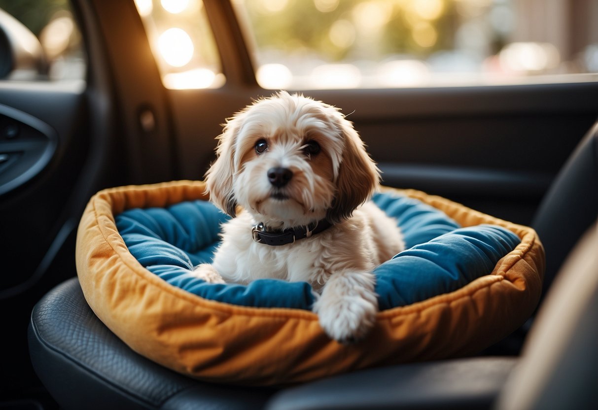 A car interior with a cozy pet bed, water bowl, and a variety of comforting toys scattered around. Sunlight streams in through the window, creating a warm and inviting atmosphere