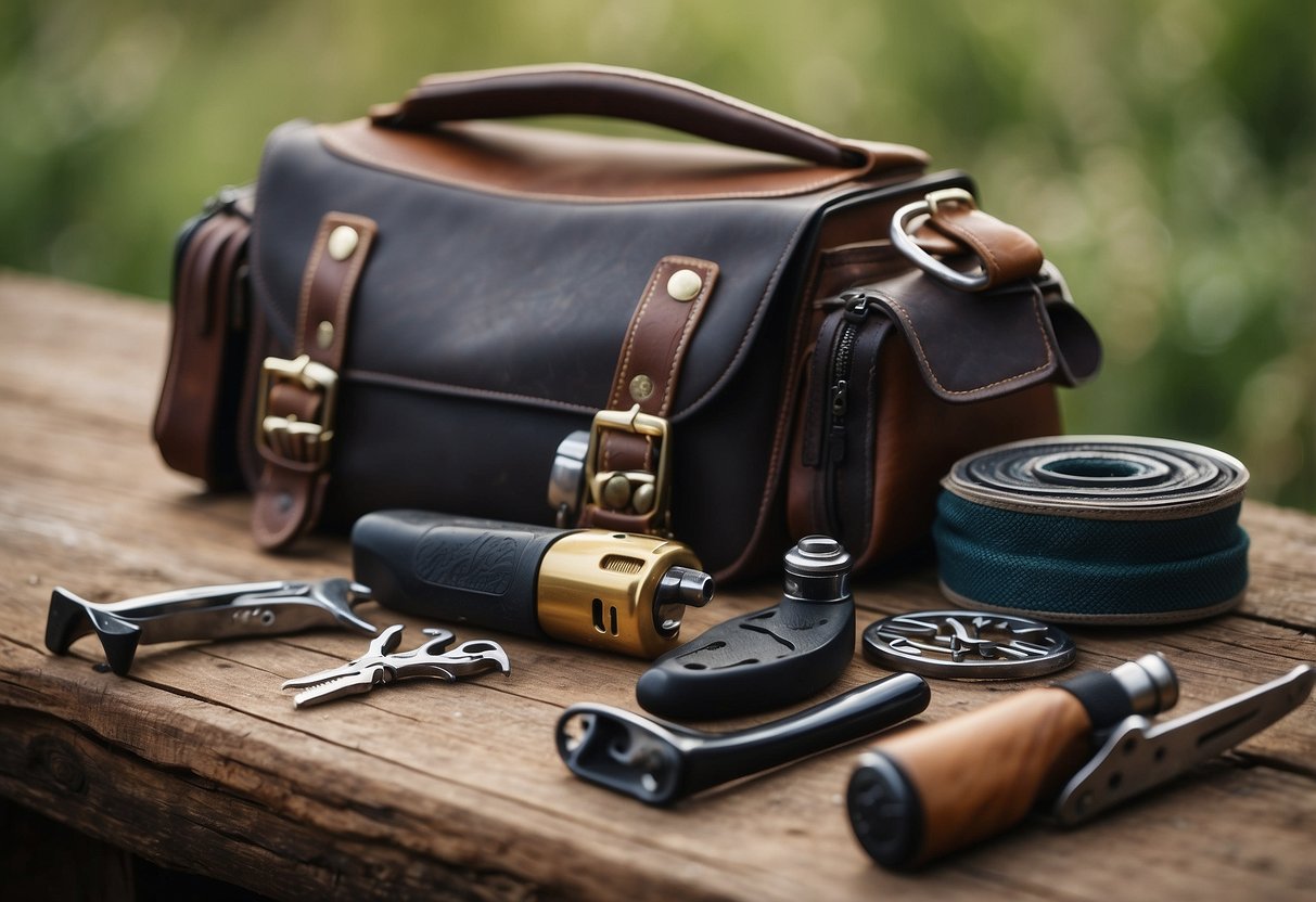 A rider's saddlebag open, revealing multi-tools for grooming, repairing, and emergency care. A horse stands nearby, ready for adventure