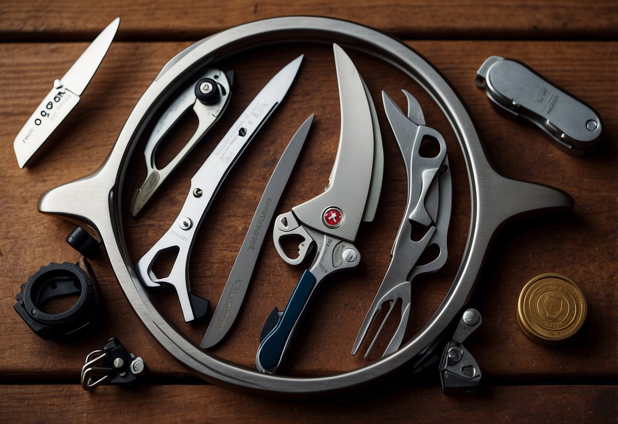 The Victorinox SwissTool Spirit X is laid out on a rustic wooden table, surrounded by various horseback riding tools and equipment. The multi-tool gleams in the soft light, showcasing its versatility and durability