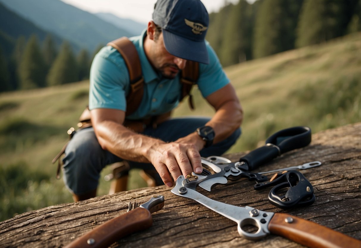 A horseback rider uses the Buck Knives 301 multi-tool to fix a saddle and trim hooves in a scenic outdoor setting