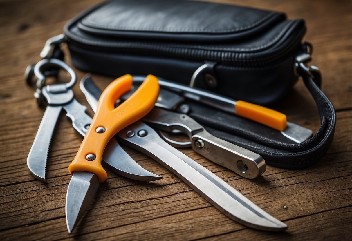 A horseback rider's multi-tool: saddlebag, hoof pick, knife, screwdriver, and pliers. Each tool is compact and durable for easy access and use while riding