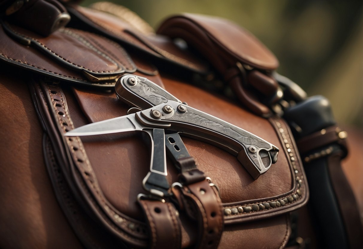 A horseback rider's multi-tool hangs from a saddle, with a hoof pick, knife, and screwdriver visible. The rider reaches for it, highlighting its versatility and convenience