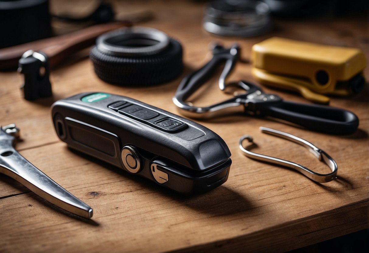 A multi-tool laid out on a clean, well-lit workbench. Beside it, a small brush and can of lubricant. A horse saddle and riding gear in the background