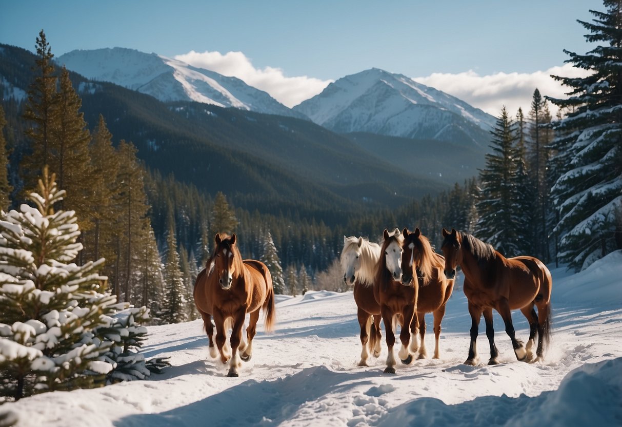 Snow-covered mountains, pine forests, and winding trails. Horses trot through the serene winter landscape, their breath visible in the crisp air