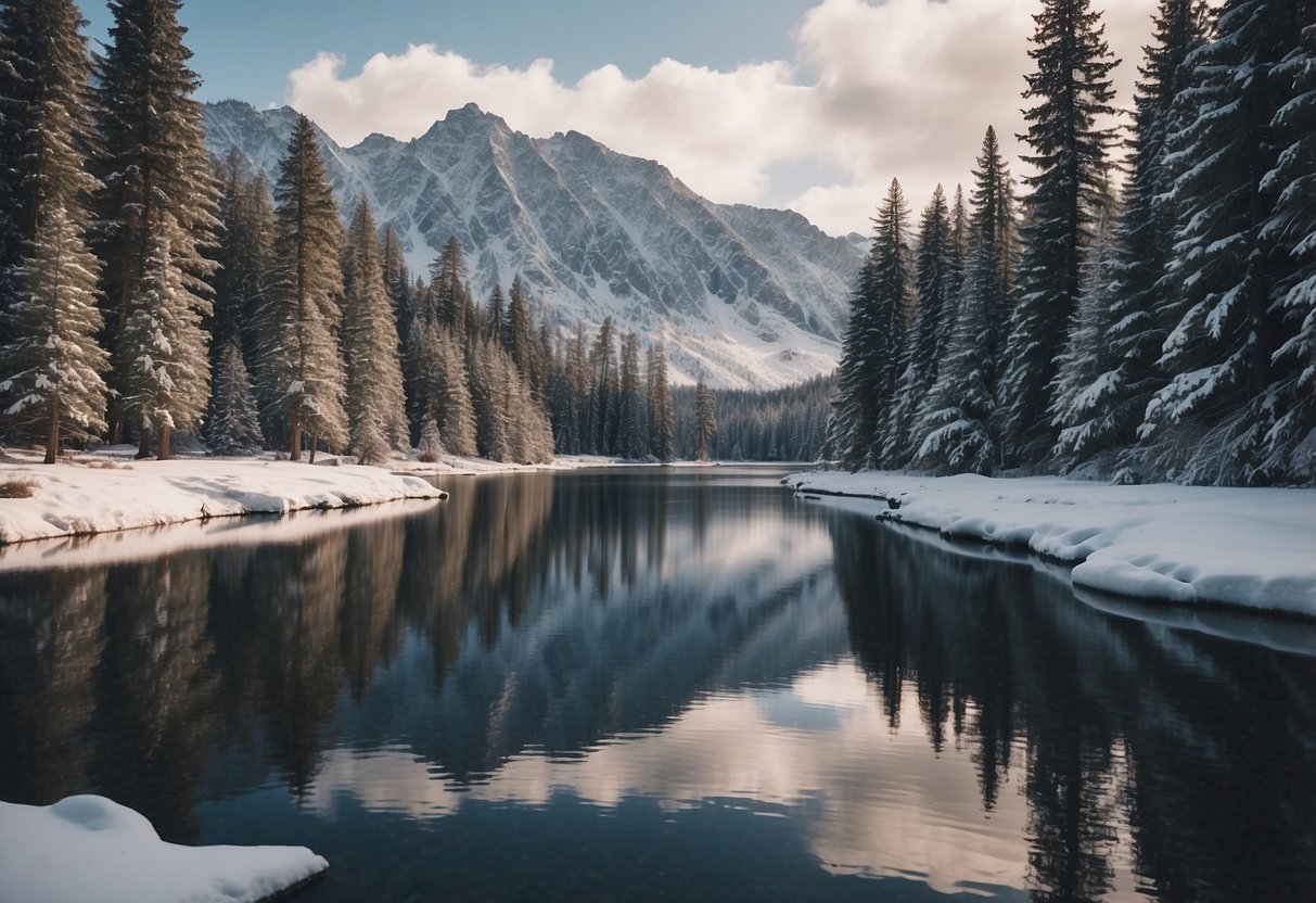 Snow-covered mountains surround a serene lake. A horseback rider navigates through the winter wonderland. Tall pine trees line the trail