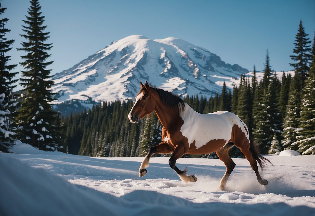 Snow-covered Mount Rainier looms in the background as a horse gracefully trots through a serene winter landscape, surrounded by tall evergreen trees and a blanket of white snow