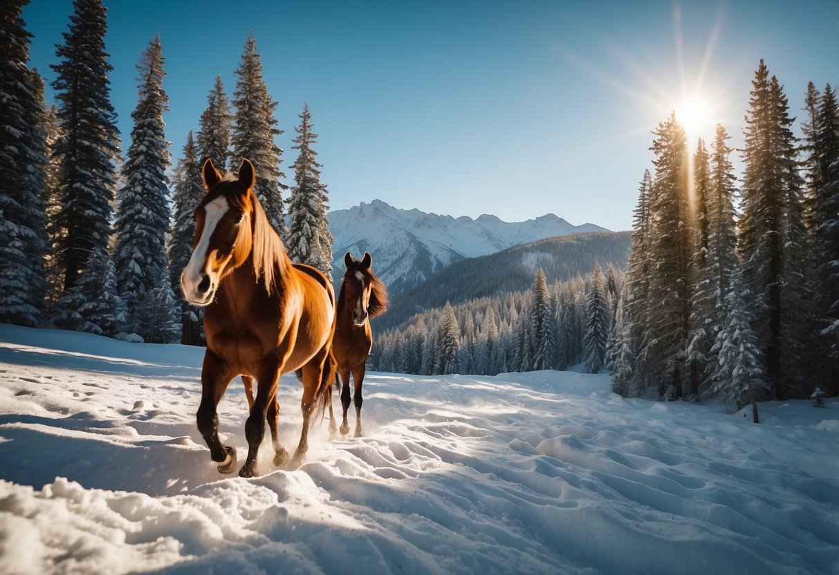 Snow-covered mountains, clear blue skies, and a peaceful forest trail. Horses trotting through fresh powder, with the sun casting a warm glow