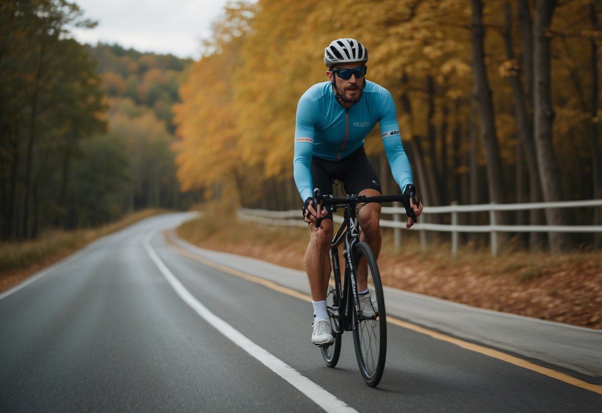 A cyclist riding smoothly on a well-paved road, with proper footwear and gloves, using correct hand positioning on the handlebars, and maintaining a steady pace