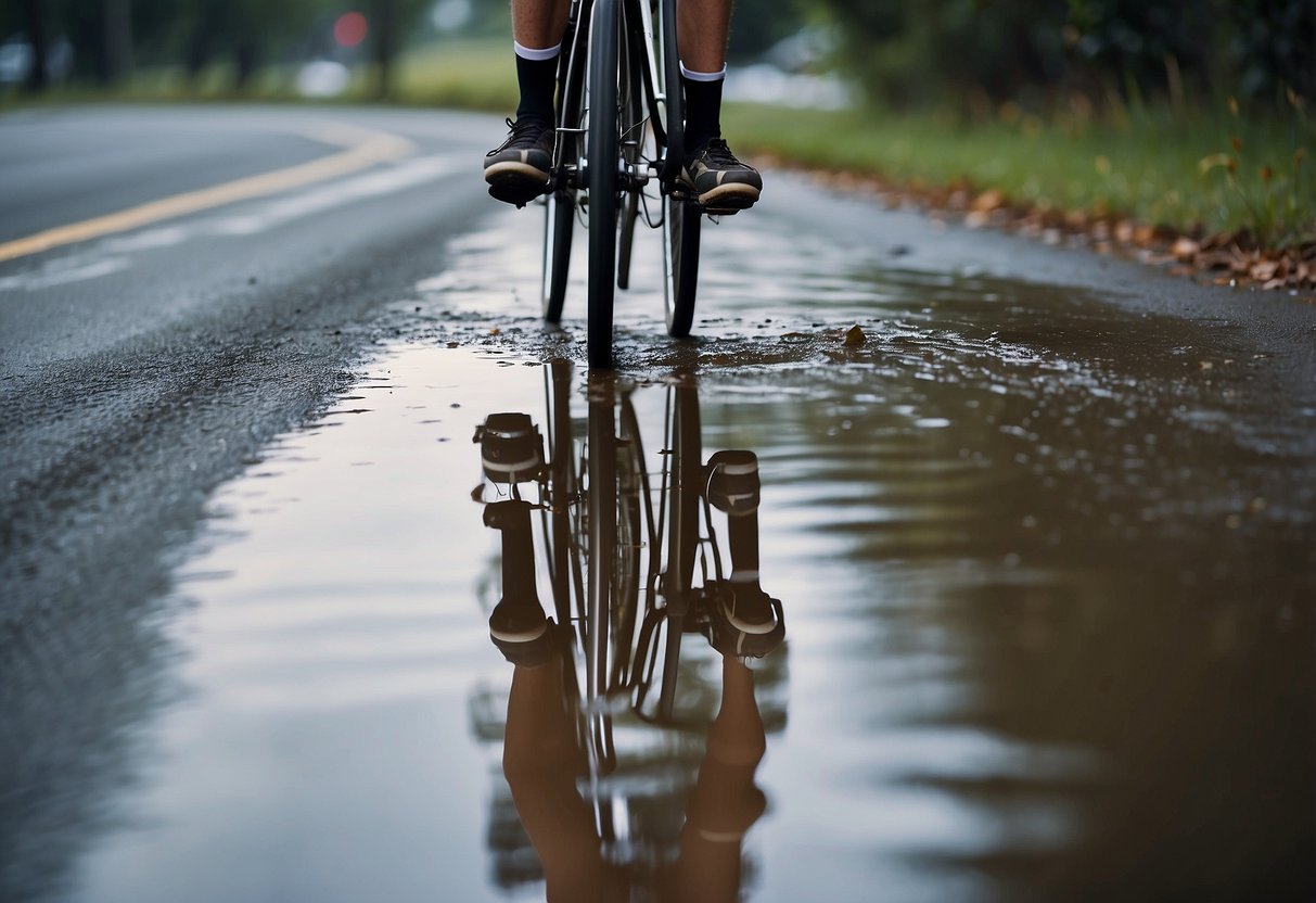 A cyclist rides through a puddle, avoiding wet areas. A sign reads "Keep Feet Dry: 7 Tips for Avoiding Blisters While Riding."