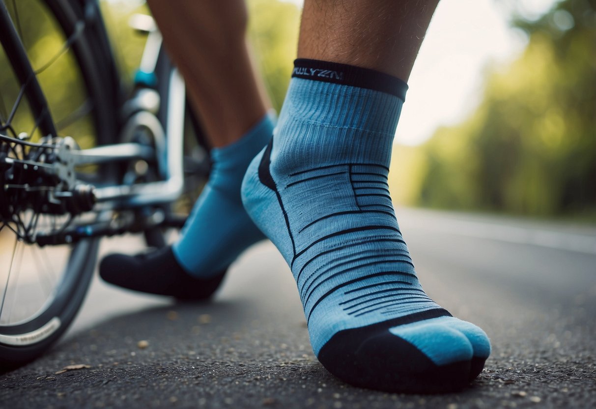 A cyclist swaps out cotton socks for moisture-wicking material, preventing blisters. Shoes and socks are laid out, with a clear contrast between the two types of fabric