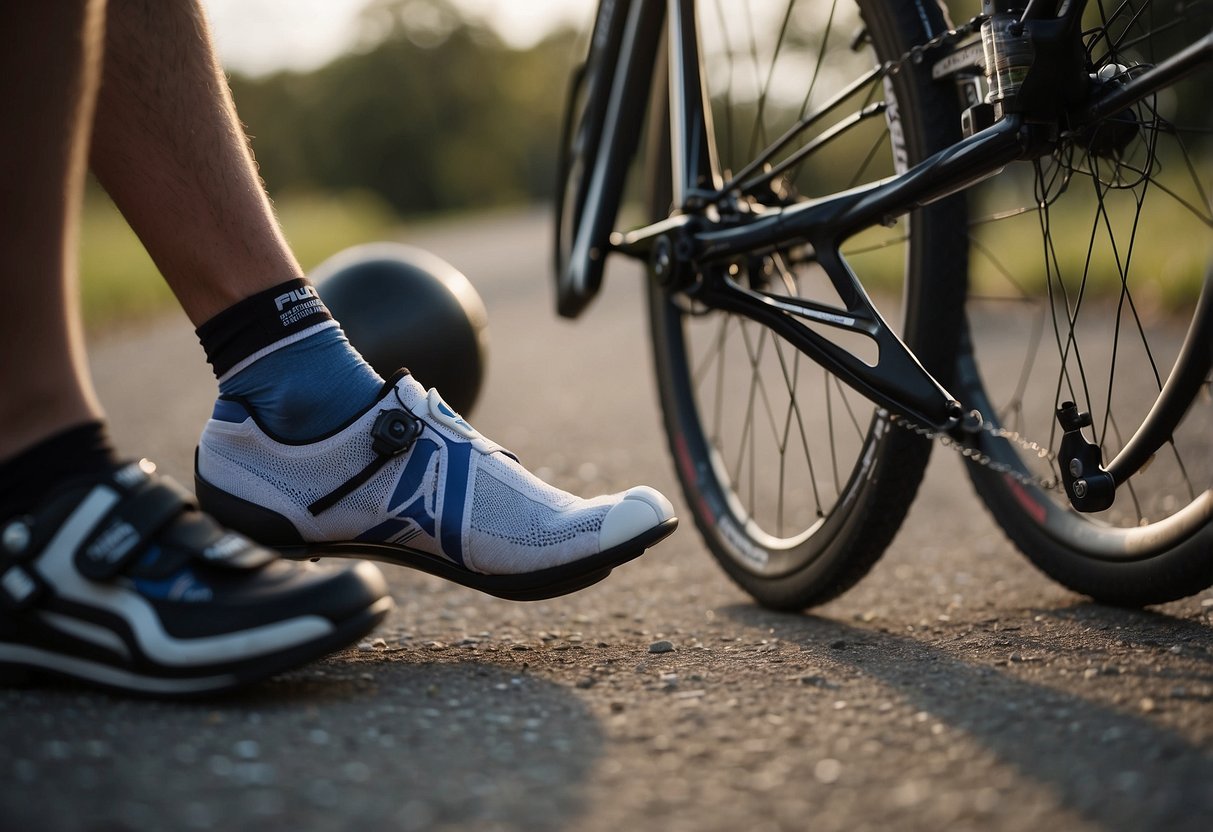 A cyclist swapping out socks often to prevent blisters. Socks laid out neatly, with a pair being put on or taken off. Cycling gear in the background