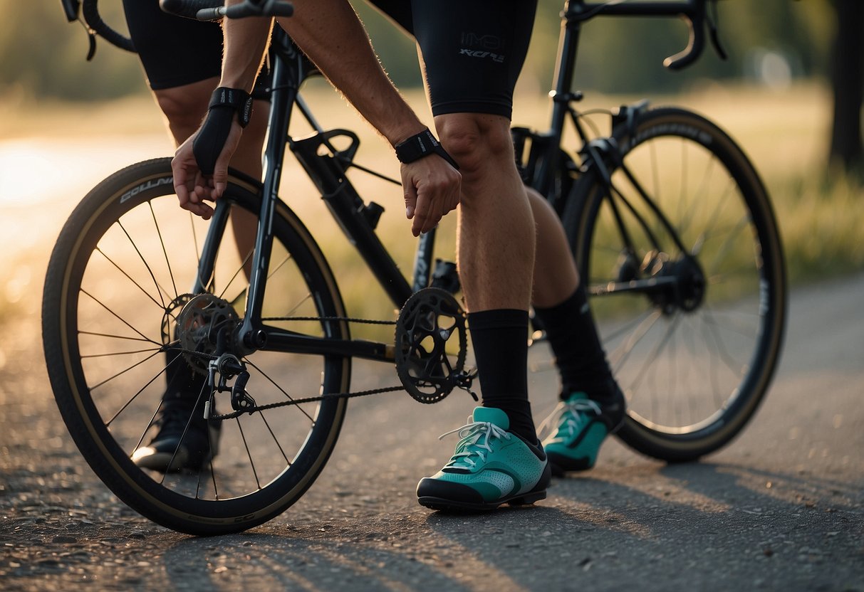 A cyclist applies foot powder to their shoes before riding, following 7 tips to avoid blisters