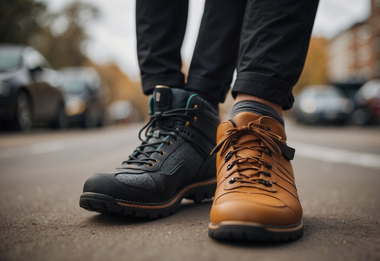 A rider selects appropriate footwear, considering fit, material, and support to prevent blisters