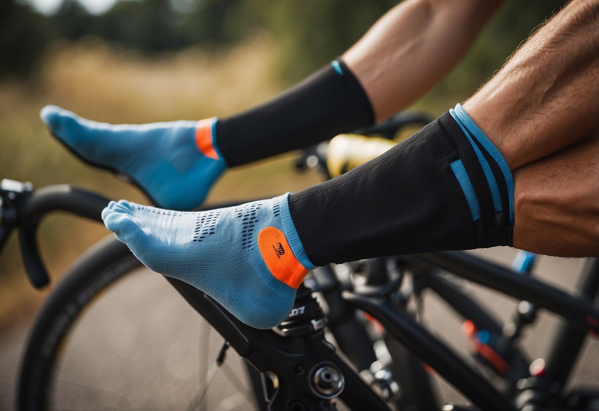 A cyclist carefully selects a pair of moisture-wicking, cushioned socks before heading out on a ride. The socks are snugly fitted to avoid any potential friction and blisters