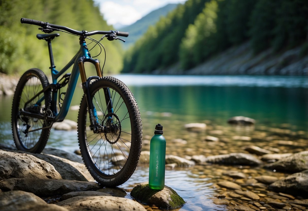 A mountain bike parked next to a clear, flowing river. A water bottle is being filled from a natural spring. A hydration pack sits nearby