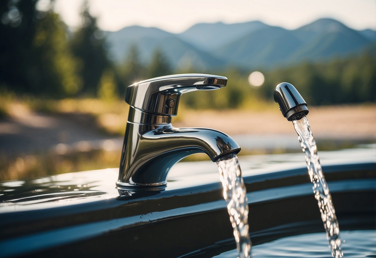 Clear water flows from a faucet, filtered tap water. Nearby, a map shows 5 best water sources for riding trips