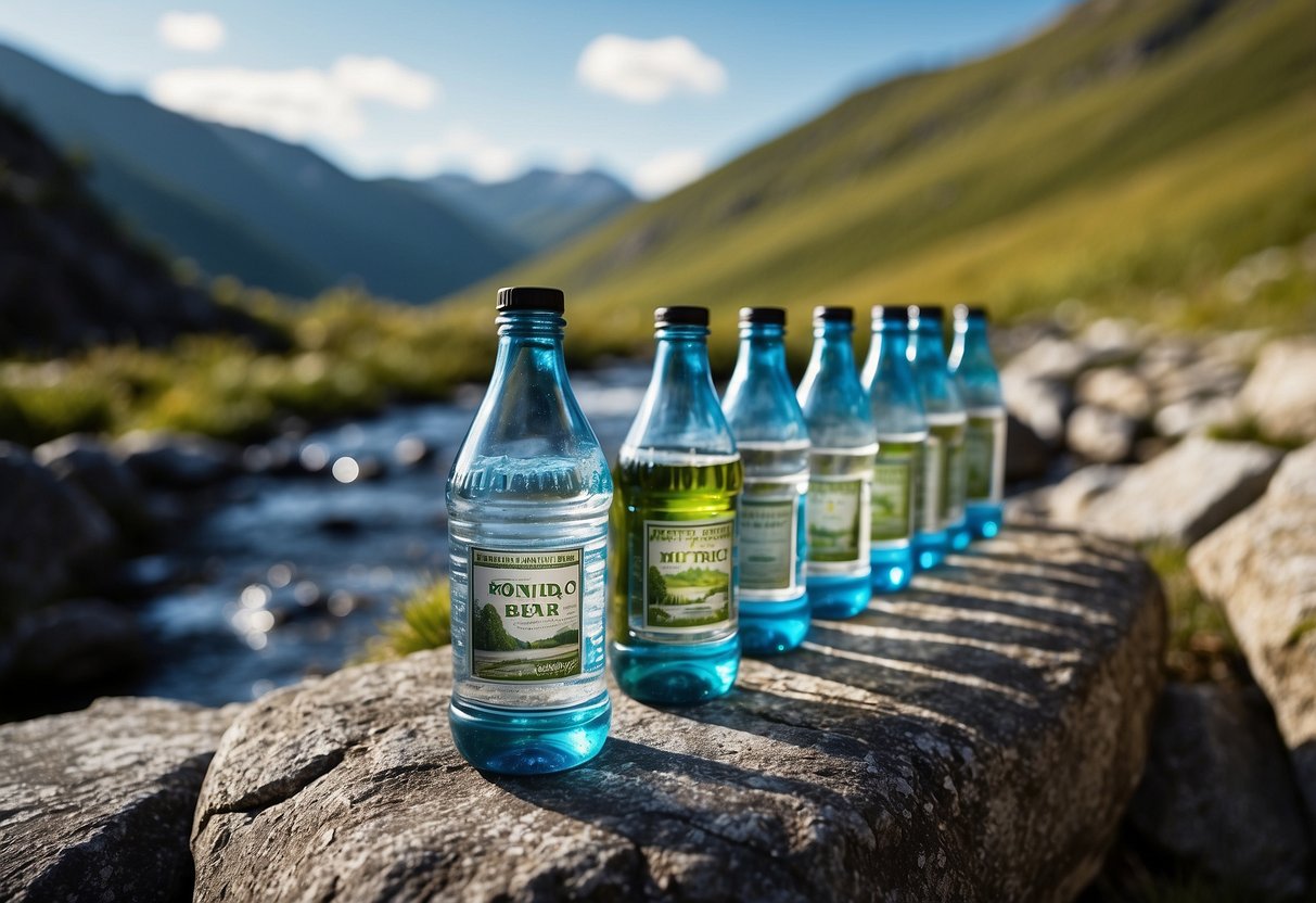 A rugged mountain landscape with a clear stream flowing into a collection of glass bottles labeled "Bottled Mineral Water 5 Best Water Sources for Riding Trips."