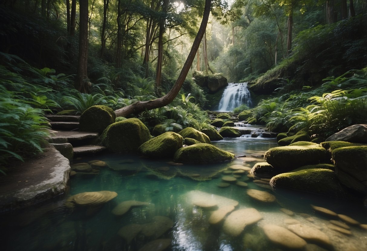 The trailhead is surrounded by lush greenery and a bubbling natural spring. The water is clear and inviting, perfect for riders on their journey