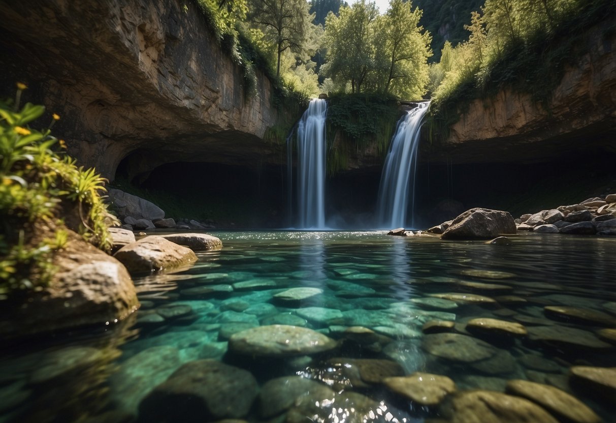 Crystal-clear water gushes from rocky underground reservoirs, surrounded by lush greenery and rugged terrain, perfect for riding trips