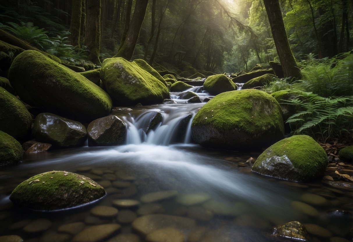 A mountain stream flows through a lush forest, with clean, clear water cascading over smooth rocks. A sturdy, sealed container sits nearby, ready to be filled with the pure, safe water