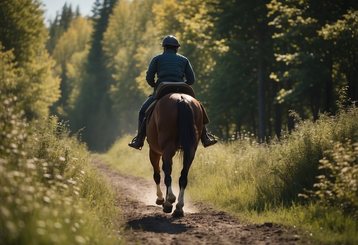 A horse and rider follow a marked trail, avoiding trampling vegetation. They pack out all waste and leave natural objects undisturbed