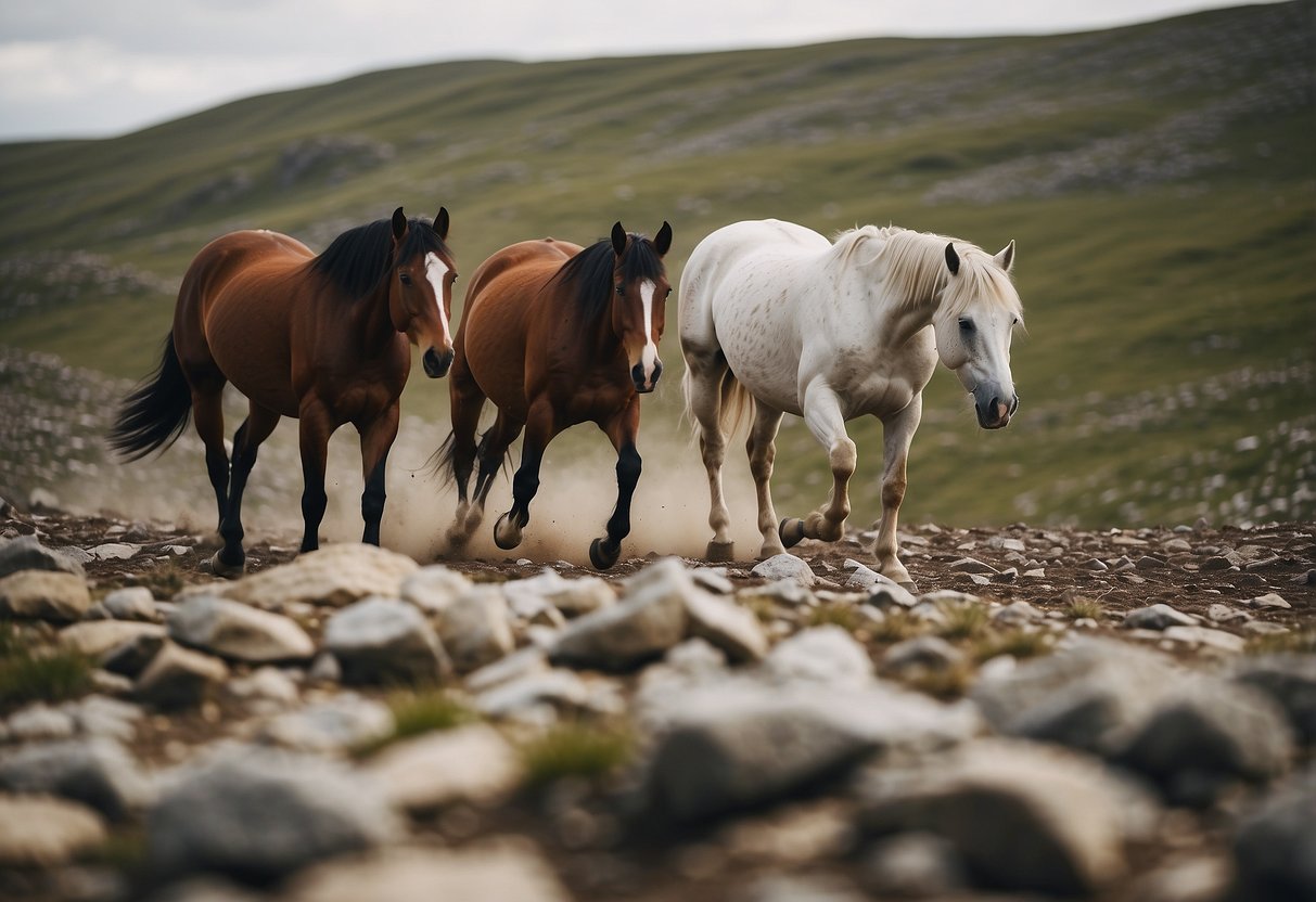 Horses navigate through rocky terrain, avoiding fragile areas. Hoofprints are minimal, leaving no trace