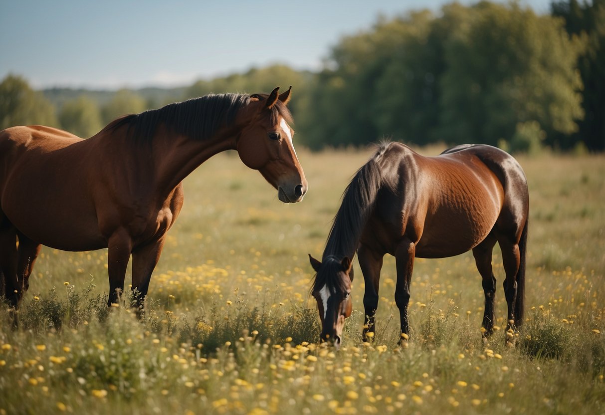 Horses grazing in a pristine meadow, surrounded by diverse wildlife. No signs of human impact, demonstrating harmonious coexistence