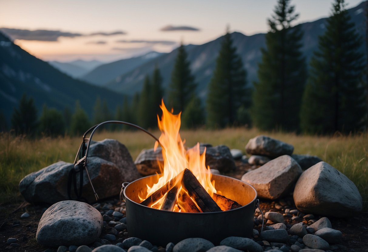 A campfire surrounded by rocks, with a bucket of water nearby. Horses tied to trees, grazing in a designated area. No trash or signs of human impact