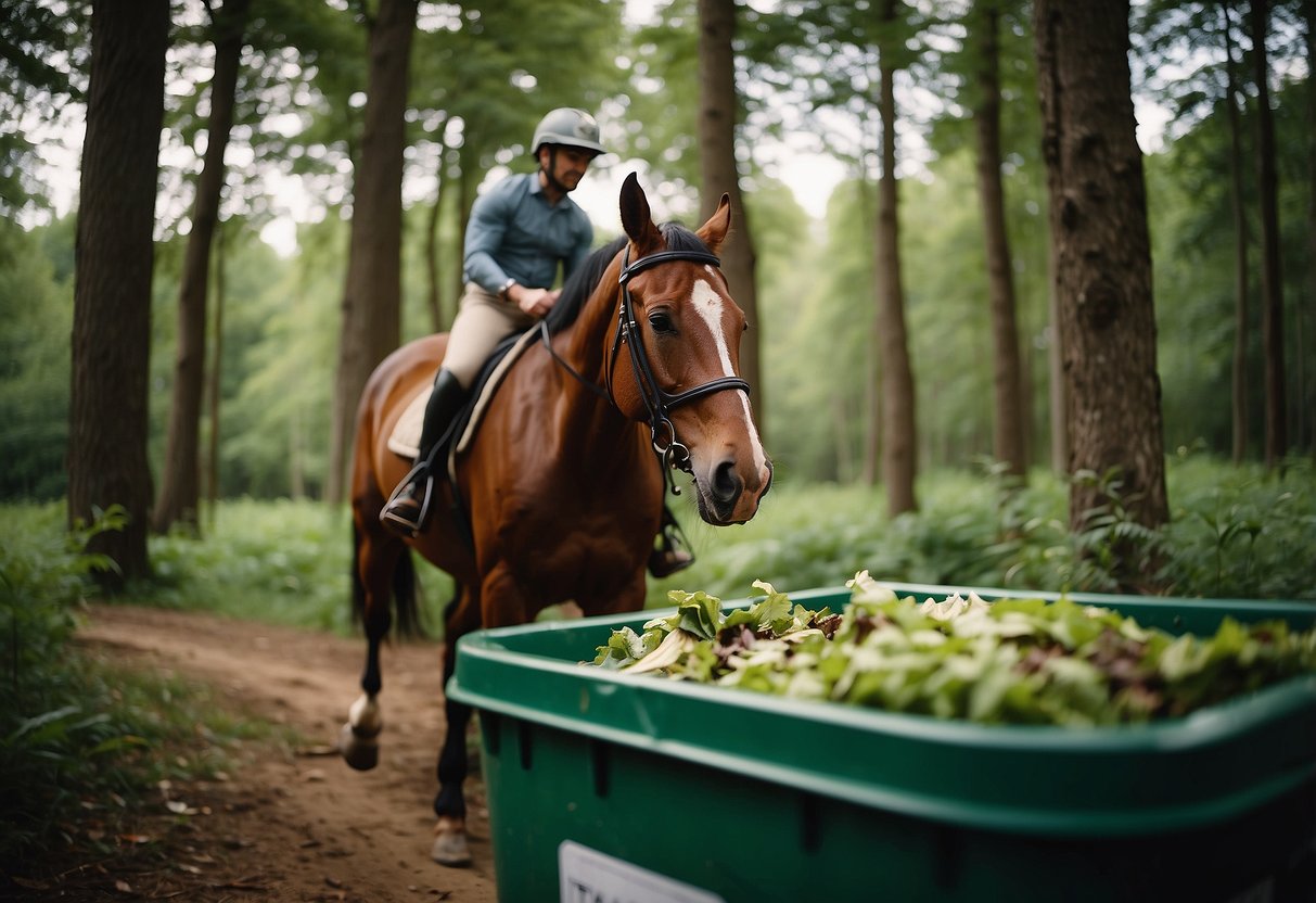 A horseback rider tosses a 100% compostable bag into a designated waste bin, surrounded by pristine nature. Other riders follow suit, leaving no trace of their passage