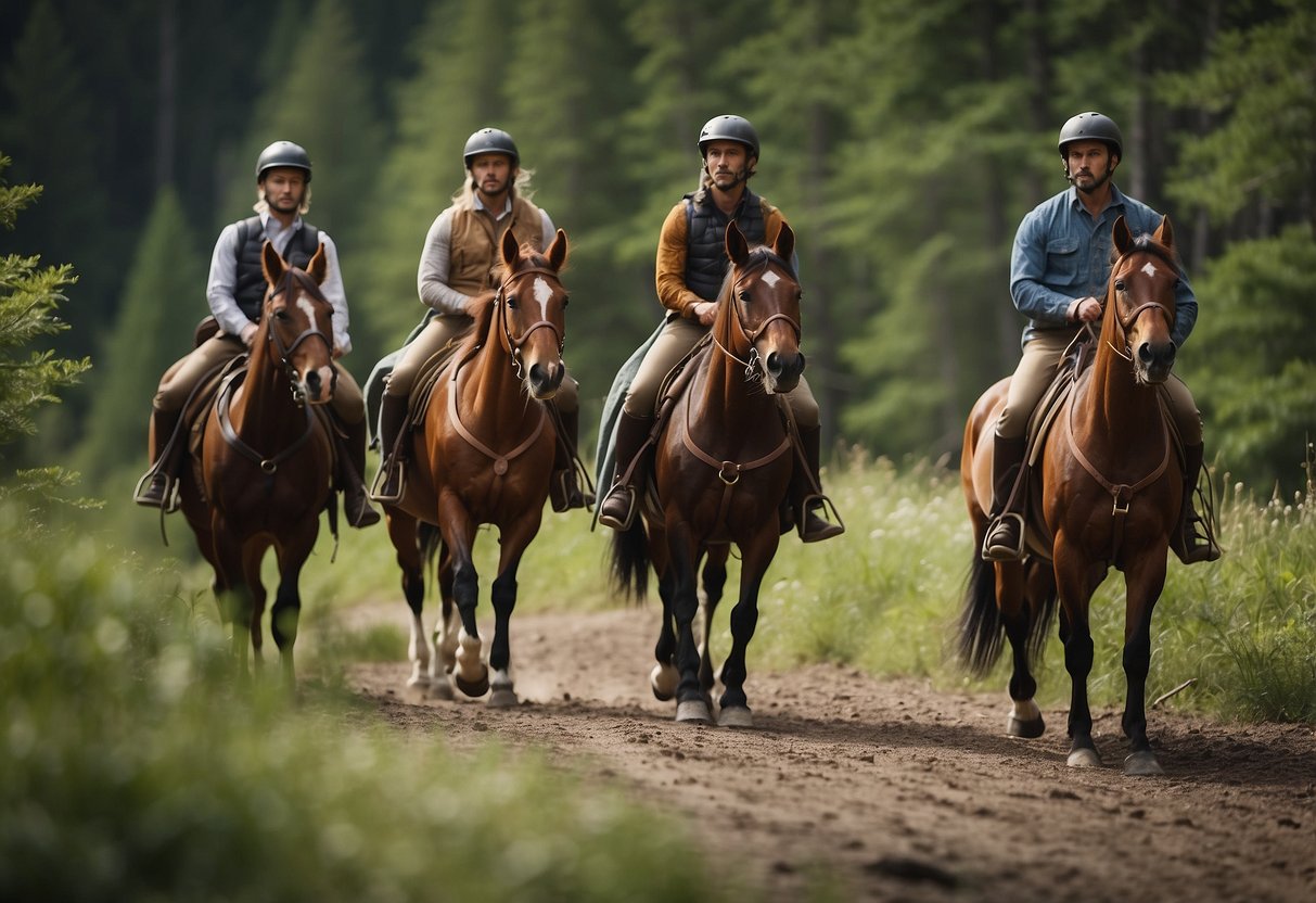 A group of horseback riders travel through a pristine wilderness, keeping to small groups and minimizing their impact on the environment. They follow Leave No Trace principles, leaving the landscape undisturbed