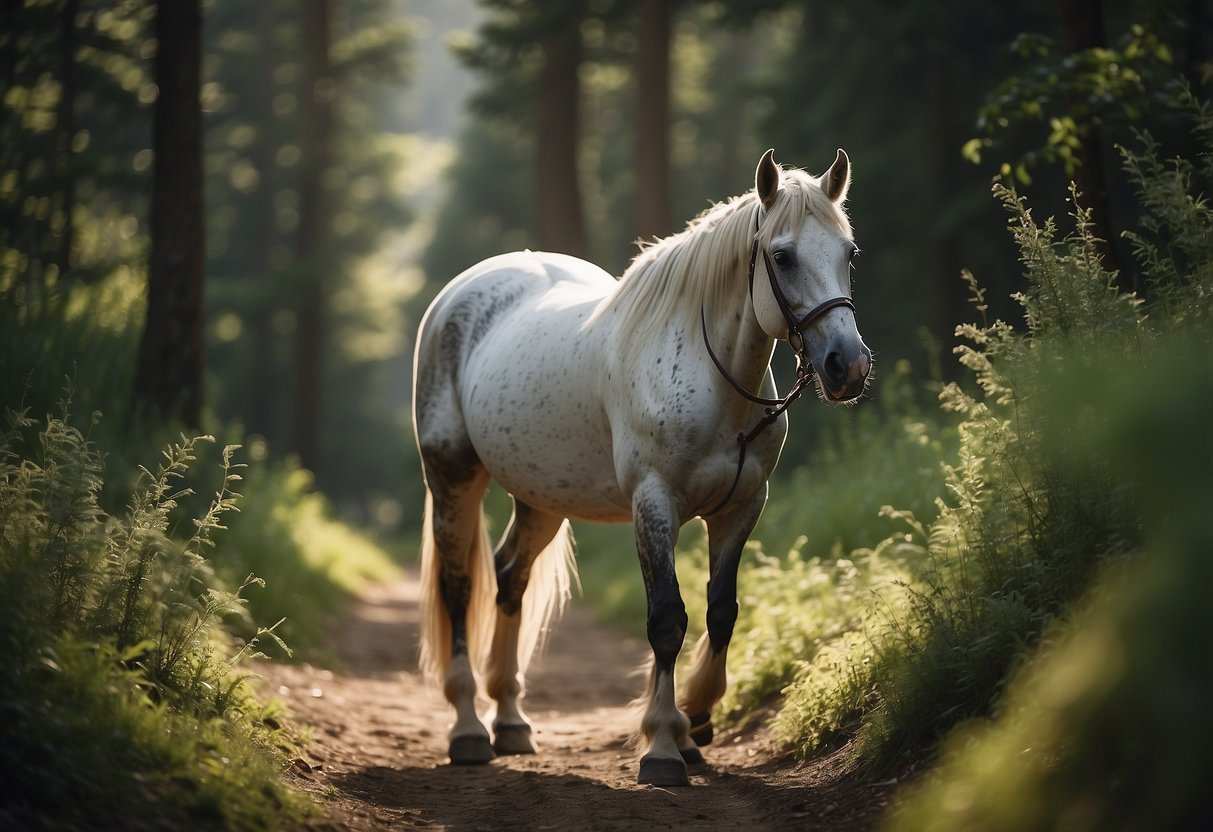 A horse with eco-friendly gear on a trail, leaving no trace