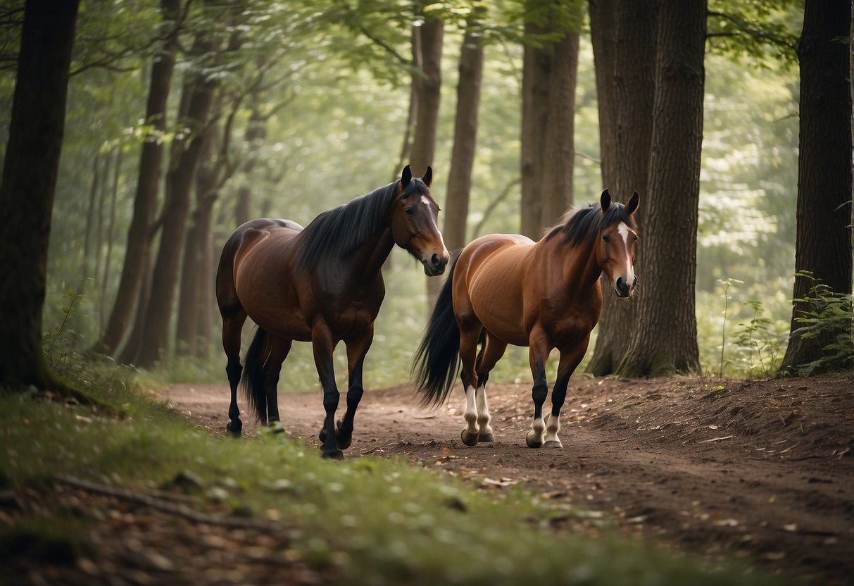 Horses trotting quietly through a wooded trail, leaving no hoof prints or disturbances. Trash-free riders carry out all waste, leaving nature undisturbed