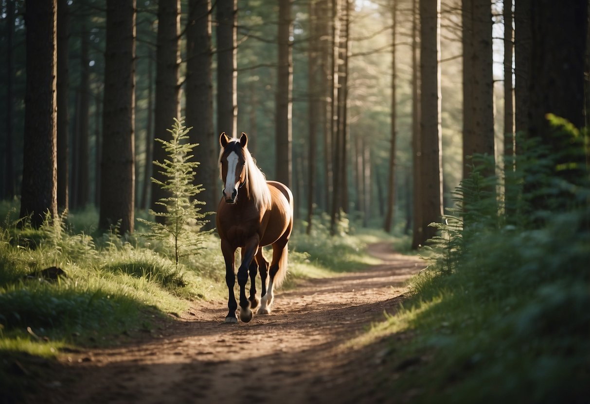 A serene forest trail with a horse gently trotting through, leaving no hoof prints behind. Litter-free surroundings and minimal impact on the natural environment