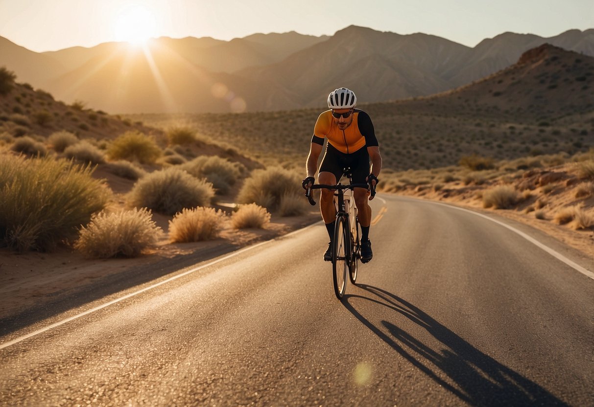 A cyclist rides through a sun-drenched landscape, with shimmering heat rising from the pavement. The sun beats down on the rider as they follow a winding road, surrounded by dry, arid scenery