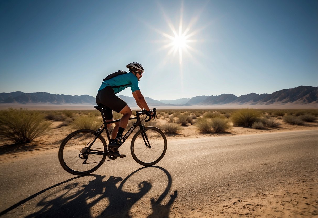 A cyclist rides through a desert landscape under a scorching sun, with heat waves rising from the ground. The sky is a bright, cloudless blue, and the cyclist is sweating as they pedal through the intense heat