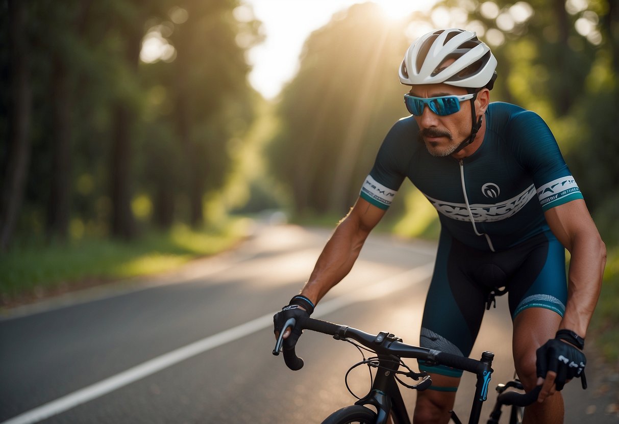 A cyclist stands next to a bike, wearing a ventilated helmet, sunglasses, moisture-wicking jersey, padded shorts, and lightweight gloves. A water bottle and sunscreen are attached to the bike frame