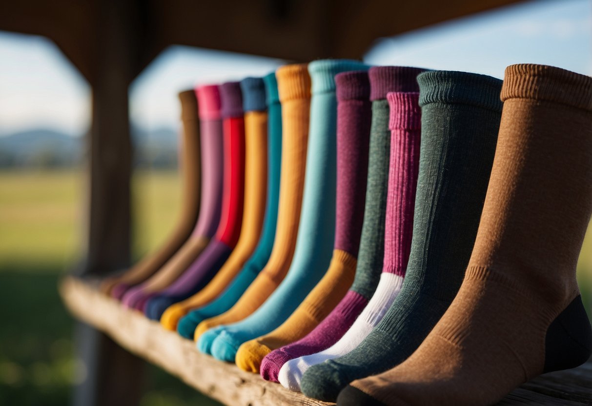 Five pairs of colorful riding socks arranged in a neat row, surrounded by equestrian gear and a backdrop of a barn or pasture